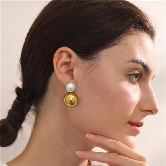 18K Gold-Plated Classic Pearl Drop Earrings – Semi-Round Studs & Ball Dangles - Picture 5 of 7